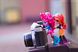 Size: 5417x3611 | Tagged: safe, artist:artofmagicpoland, character:pinkie pie, character:sunset shimmer, my little pony:equestria girls, 35mm camera, doll, equestria girls minis, eqventures of the minis, female, irl, photo, pushing, toy