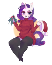 Size: 3252x4093 | Tagged: safe, artist:yukomaussi, character:rarity, species:anthro, species:pony, species:unguligrade anthro, species:unicorn, christmas, clothing, female, hat, holiday, holly, looking at you, mare, santa hat, solo, stockings, sweater, thigh highs, zettai ryouiki