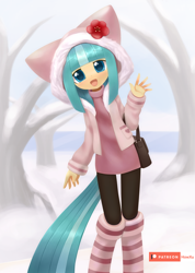 Size: 1000x1403 | Tagged: safe, artist:howxu, character:coco pommel, species:anthro, cocobetes, cute, female, flower, looking at you, open mouth, patreon, patreon logo, snow, solo, weapons-grade cute, winter