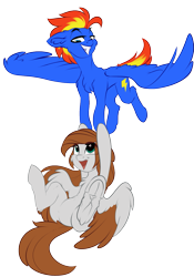 Size: 1051x1500 | Tagged: safe, artist:airfly-pony, oc, oc only, oc:scarlett drop, oc:wing hurricane, species:pegasus, species:pony, 2020 community collab, derpibooru community collaboration, duo, female, flying, frog (hoof), grin, hoofbutt, looking at each other, male, mare, scarricane, simple background, smiling, spread wings, stallion, transparent background, underhoof, wings