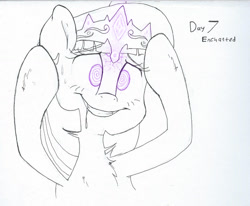 Size: 1379x1134 | Tagged: safe, artist:fluffyxai, character:twilight sparkle, species:pony, inktober, accessory, chest fluff, crown, drool, female, forced smile, hypnovember2019, inktober 2019, jewelry, magic, mind control, regalia, smiling, solo, swirly eyes, traditional art