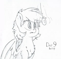 Size: 1227x1202 | Tagged: safe, artist:fluffyxai, character:rainbow dash, species:pegasus, species:pony, inktober, alternate hairstyle, chest fluff, fascinated, female, hypnosis, hypnovember 2019, inktober 2019, jewelry, pendant, pendulum swing, sitting, solo, stare, traditional art, wings