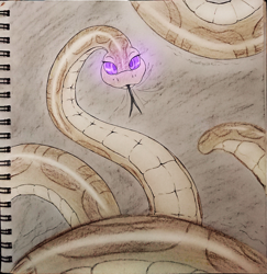 Size: 3695x3805 | Tagged: safe, artist:fluffyxai, oc, oc only, oc:anika, inktober, coils, forked tongue, hypnosis, hypnovember 2019, inktober 2019, kaa eyes, looking at you, offscreen character, pov, snake, solo, tail, traditional art, wrapped up