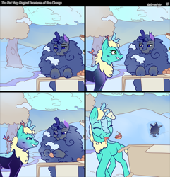 Size: 878x911 | Tagged: safe, artist:sky-railroad, artist:viwrastupr, oc, oc only, oc:kno change, unnamed oc, species:kirin, species:pony, comic:the not very magical adventures of kno change, cartoon physics, eating, fluffy, grapefruit, impact silhouette, nirik, snow, winter fluff
