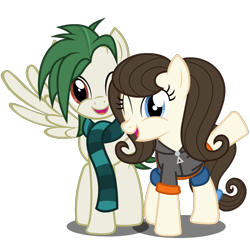 Size: 1000x1000 | Tagged: safe, artist:flash equestria photography, derpibooru original, oc, oc:dizzy strings, oc:radiant nimbus, species:earth pony, species:pegasus, species:pony, 2020 community collab, derpibooru community collaboration, clothing, hoodie, male, oc x oc, one eye closed, scarf, shipping, show accurate, simple background, straight, transparent background, vector, waving, wing wave, wink