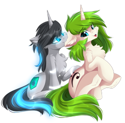 Size: 2741x2697 | Tagged: safe, artist:airiniblock, oc, oc only, oc:c1t0-b0r, oc:vinyl mix, species:pony, species:unicorn, biting, cheek fluff, chest fluff, citomix, commission, couple, ear bite, ear fluff, female, glow, looking at each other, robot, robot pony, shipping, size difference