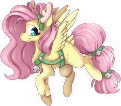 Size: 3087x2704 | Tagged: safe, artist:cutepencilcase, character:fluttershy, species:deer, species:pegasus, species:pony, species:reindeer, animal costume, antlers, bell, butt fluff, chest fluff, christmas, costume, cute, female, high res, holiday, leg fluff, looking at you, mare, profile, reindeer costume, shyabetes, simple background, smiling, solo, spread wings, transparent background, wings