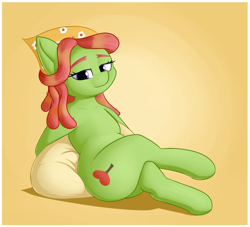 Size: 3561x3240 | Tagged: safe, artist:andelai, character:tree hugger, species:earth pony, species:pony, crossed legs, female, high res, leaning back, lidded eyes, looking at you, mare, no tail, semi-anthro, sitting, solo