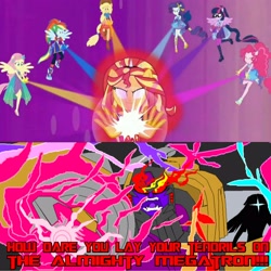 Size: 2560x2560 | Tagged: safe, artist:terry, edit, edited screencap, screencap, character:applejack, character:fluttershy, character:pinkie pie, character:rainbow dash, character:rarity, character:sunset shimmer, character:twilight sparkle, character:twilight sparkle (scitwi), species:eqg human, comic:a hater's agenda, episode:cheer you on, g4, my little pony: equestria girls, my little pony:equestria girls, spoiler:eqg series (season 2), beast megatron, beast wars, blank eyes, clash of hasbro's titans, crossover, decepticon, humane five, humane seven, humane six, megatron, ponied up, predacon, super ponied up, transformers, white eyes