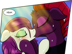 Size: 2080x1556 | Tagged: safe, artist:dsana, edit, character:fizzlepop berrytwist, character:tempest shadow, oc, oc:thistledown, species:earth pony, species:pony, species:unicorn, comic:a storm's lullaby, blushing, canon x oc, comic, cropped, crying, eyes closed, female, holding head, hoof hold, kissing, lesbian, questionable series, semi-grimdark series, shipping, sunlight, teary eyes, tsundere, tsundere shadow, wet, yeah