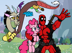 Size: 1888x1377 | Tagged: safe, artist:mickeymonster, character:discord, character:pinkie pie, species:draconequus, species:earth pony, species:pony, abs, deadpool, discord is not amused, katana, sword, unamused, weapon
