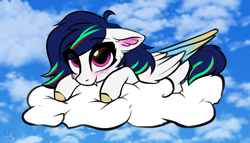 Size: 3910x2234 | Tagged: safe, artist:airfly-pony, patreon reward, oc, oc:lilly flame, cloud, cute, female, filly, ocbetes, on a cloud, patreon, sky, solo