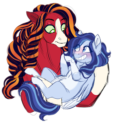 Size: 1024x1097 | Tagged: safe, artist:azure-art-wave, oc, oc:azure, oc:red baroness, parent:big macintosh, parent:coloratura, parents:raramac, species:earth pony, species:pegasus, species:pony, blushing, duo, eye clipping through hair, female, holding a pony, mare, offspring, simple background, size difference, transparent background