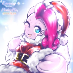 Size: 1536x1536 | Tagged: safe, artist:kurogewapony, character:pinkie pie, species:earth pony, species:pony, christmas, clothing, costume, cute, diapinkes, female, hat, holiday, mare, one eye closed, santa costume, santa hat, solo, wink