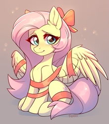 Size: 1761x2000 | Tagged: safe, artist:fensu-san, character:fluttershy, species:pegasus, species:pony, bow, christmas, cute, ear fluff, female, gift wrapped, holiday, mare, present, ribbon, shyabetes, sitting, solo, spread wings, wings