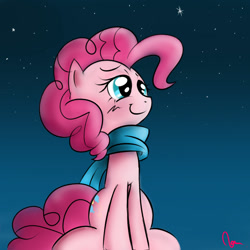 Size: 1000x1000 | Tagged: safe, artist:celine-artnsfw, character:pinkie pie, species:earth pony, species:pony, clothing, cute, diapinkes, female, lidded eyes, mare, night, scarf, sitting, sky, smiling, solo, stars