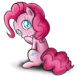 Size: 800x800 | Tagged: safe, artist:celine-artnsfw, character:pinkie pie, species:earth pony, species:pony, colored pupils, cute, diapinkes, female, looking at you, looking back, looking back at you, mare, simple background, sitting, smiling, solo, white background