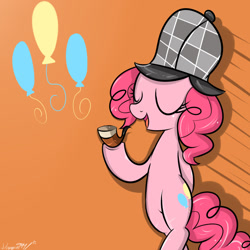 Size: 1000x1000 | Tagged: safe, artist:celine-artnsfw, character:pinkie pie, species:earth pony, species:pony, episode:mmmystery on the friendship express, g4, my little pony: friendship is magic, bipedal, clothing, cutie mark, deerstalker, detective, eyes closed, female, hat, mare, open mouth, orange background, pipe, simple background, solo