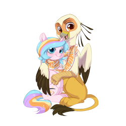 Size: 2000x2000 | Tagged: safe, artist:oofycolorful, artist:vistamage, oc, oc only, oc:oofy colorful, oc:vistamage, species:bird, species:griffon, species:pony, species:unicorn, 2020 community collab, derpibooru community collaboration, clothing, couple, female, griffon oc, male, oofymage, scarf, secretary bird, shared clothing, shared scarf, shipping, simple background, straight, transparent background