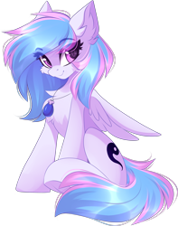 Size: 2394x3035 | Tagged: safe, artist:airiniblock, oc, oc only, oc:starburn, species:pegasus, species:pony, 2020 community collab, derpibooru community collaboration, chest fluff, ear fluff, female, jewelry, looking at you, necklace, simple background, sitting, solo, transparent background