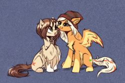 Size: 1322x880 | Tagged: safe, artist:vincher, oc, oc only, species:pegasus, species:pony, beanie, chest fluff, clothing, female, hat, licking, licking cheeks, looking at each other, mare, simple background, sitting, tongue out