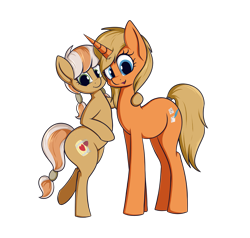Size: 2269x2160 | Tagged: safe, artist:andelai, oc, oc:memory match, oc:wine barrel, species:earth pony, species:pony, species:unicorn, 2020 community collab, derpibooru community collaboration, cute, cutie mark, female, hug, mother and daughter, simple background, size difference, transparent background