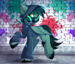 Size: 3233x2797 | Tagged: safe, artist:airiniblock, oc, oc only, oc:target strike, species:pegasus, species:pony, clothing, cloven hooves, commission, gas mask, graffiti, high res, hoodie, male, mask, raised hoof, solo