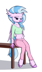 Size: 1920x3240 | Tagged: safe, artist:andelai, character:silverstream, species:anthro, species:classical hippogriff, species:hippogriff, species:unguligrade anthro, belly button, clothing, female, leaning back, looking at you, midriff, pants, short shirt, simple background, solo, table, white background
