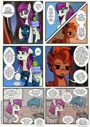 Size: 2480x3508 | Tagged: safe, artist:dsana, oc, oc:fireweed, oc:lullaby dusk, oc:rust wing, oc:thistledown, species:earth pony, species:pegasus, species:pony, comic:a storm's lullaby, colt, comic, female, filly, forest, male, mare, questionable series, semi-grimdark series, talking