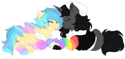 Size: 1024x484 | Tagged: safe, artist:azure-art-wave, oc, oc only, oc:blue, oc:matt, species:pegasus, species:pony, species:unicorn, clothing, colored wings, hoodie, male, multicolored wings, stallion, tongue out, wings