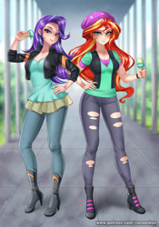 Size: 770x1100 | Tagged: safe, artist:racoonsan, character:starlight glimmer, character:sunset shimmer, species:human, my little pony:equestria girls, anime, clothes swap, clothing, cute, duo, food, human coloration, ice cream, that human sure does love ice cream