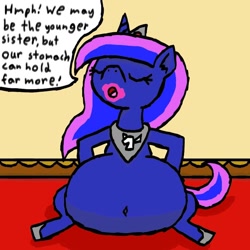 Size: 800x800 | Tagged: safe, artist:eternaljonathan, character:princess luna, species:alicorn, species:pony, belly, belly button, big belly, digital art, fat, huge belly, messy eating, princess moonpig, stuffed