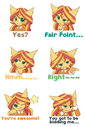 Size: 2000x3000 | Tagged: safe, artist:howxu, character:sunset shimmer, species:anthro, ambiguous facial structure, big ears, bust, cute, ear fluff, expressions, female, finger gun, floppy ears, high res, one eye closed, open mouth, portrait, reaction image, shimmerbetes, solo, stars, sweat, wink