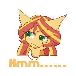 Size: 1000x1000 | Tagged: safe, artist:howxu, character:sunset shimmer, species:anthro, ambiguous facial structure, bust, caption, cute, ear fluff, emoji, female, portrait, reaction image, shimmerbetes, simple background, solo, thinking, transparent background
