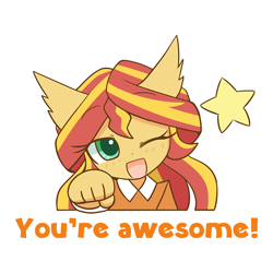 Size: 1000x1000 | Tagged: safe, artist:howxu, character:sunset shimmer, species:anthro, ambiguous facial structure, bust, caption, cute, ear fluff, emoji, female, fist bump, one eye closed, open mouth, portrait, reaction image, shimmerbetes, simple background, solo, stars, transparent background, wink