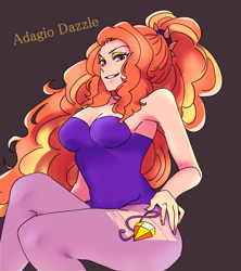 Size: 1600x1800 | Tagged: safe, artist:raika0306, character:adagio dazzle, my little pony:equestria girls, armpits, breasts, busty adagio dazzle, clothing, crossed legs, digital art, female, pantyhose, simple background, smiling, solo, torn clothes