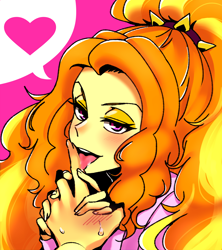 Size: 1600x1800 | Tagged: safe, artist:raika0306, character:adagio dazzle, character:sunset shimmer, ship:sunsagio, my little pony:equestria girls, anime, female, lesbian, licking, looking at you, offscreen character, shipping, solo, solo focus, tongue out