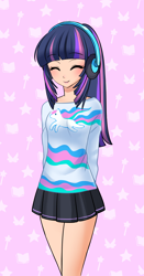 Size: 1382x2640 | Tagged: source needed, useless source url, safe, artist:racoonsan, character:princess celestia, character:twilight sparkle, species:human, anime, clothing, cute, eyes closed, female, hands behind back, headphones, humanized, shirt, skirt, smiling, solo, twiabetes