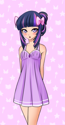 Size: 1382x2640 | Tagged: source needed, useless source url, safe, artist:racoonsan, character:twilight sparkle, species:human, anime, bedroom eyes, blushing, bow, cute, evening gown, female, hair bow, hands behind back, humanized, looking at you, open mouth, solo, twiabetes