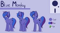 Size: 5760x3240 | Tagged: safe, artist:andelai, oc, oc only, oc:blue monday, species:pony, species:unicorn, butt, female, mare, piercing, plot, reference sheet, simple background, solo