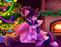 Size: 3747x2911 | Tagged: safe, artist:airiniblock, character:twilight sparkle, character:twilight sparkle (alicorn), oc, oc:princess aurora, species:alicorn, species:pony, episode:hearth's warming eve, g4, my little pony: friendship is magic, alicorn oc, christmas, christmas tree, fireplace, holiday, present, shipping, snuggling, tree