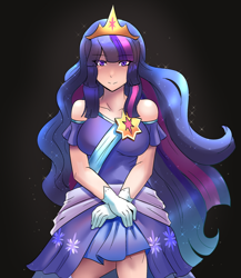 Size: 800x920 | Tagged: safe, artist:tzc, character:twilight sparkle, character:twilight sparkle (alicorn), species:alicorn, species:human, species:pony, episode:the last problem, g4, my little pony: friendship is magic, black background, clothing, coronation dress, cute, dress, female, humanized, older, older twilight, princess twilight 2.0, second coronation dress, simple background, solo, twiabetes