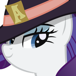 Size: 469x469 | Tagged: safe, artist:the smiling pony, character:rarity, species:pony, species:unicorn, derpibooru, .svg available, clothing, derpibooru badge, female, hat, lidded eyes, mare, meta, simple background, smiling, solo, svg, transparent background, vector