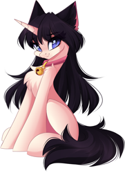 Size: 2168x2997 | Tagged: safe, artist:airiniblock, oc, oc only, species:pony, species:unicorn, behaving like a cat, bell, bell collar, cat, catpony, chest fluff, collar, commission, female, high res, looking at you, mare, original species, simple background, sitting, slit pupils, solo, white background