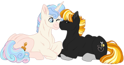Size: 1024x535 | Tagged: safe, artist:azure-art-wave, oc, oc only, species:earth pony, species:pony, species:unicorn, gay, kissing, male, prone, simple background, transparent background