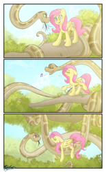 Size: 3236x5236 | Tagged: safe, artist:fluffyxai, character:fluttershy, oc, oc:anika, blushing, comic, forked tongue, hypnosis, sleepwalking, smiling, snake, tongue out