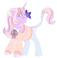 Size: 1024x1041 | Tagged: safe, artist:azure-art-wave, oc, oc:pristine, species:pony, species:unicorn, butterfly, clothing, female, glasses, mare, simple background, solo, sweater, transparent background