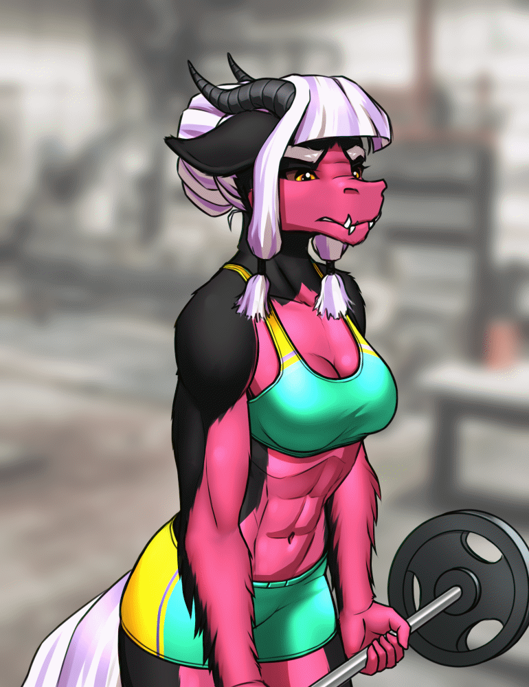 Size: 770x1000 | Tagged: safe, artist:mykegreywolf, oc, oc only, oc:twisted mind, parent:lord tirek, parent:twilight sparkle, parents:twirek, species:anthro, abs, animated, anthro oc, arm fluff, belly button, biceps, breasts, cleavage, clothing, digital art, female, floppy ears, interspecies offspring, midriff, muscles, muscular female, offspring, solo, sports bra, sports shorts, sweat, weight lifting, workout outfit