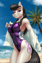 Size: 2000x3000 | Tagged: safe, artist:mykegreywolf, character:octavia melody, species:anthro, species:earth pony, species:pony, armpits, beach, breasts, busty octavia, clothing, female, high-cut clothing, jacket, mare, ocean, one-piece swimsuit, palm tree, solo, swimsuit, tree