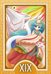 Size: 1200x1728 | Tagged: safe, artist:howxu, character:princess celestia, species:human, amaterasu, clothing, commission, crown, female, humanized, issun, japanese, jewelry, kimono (clothing), looking at you, necklace, okami, regalia, roman numerals, solo, tarot card